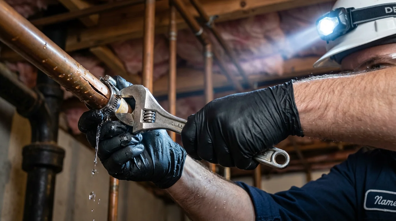 Emergency pipe clamp repair being performed by a Johns Plumbing LLC plumber in Cade