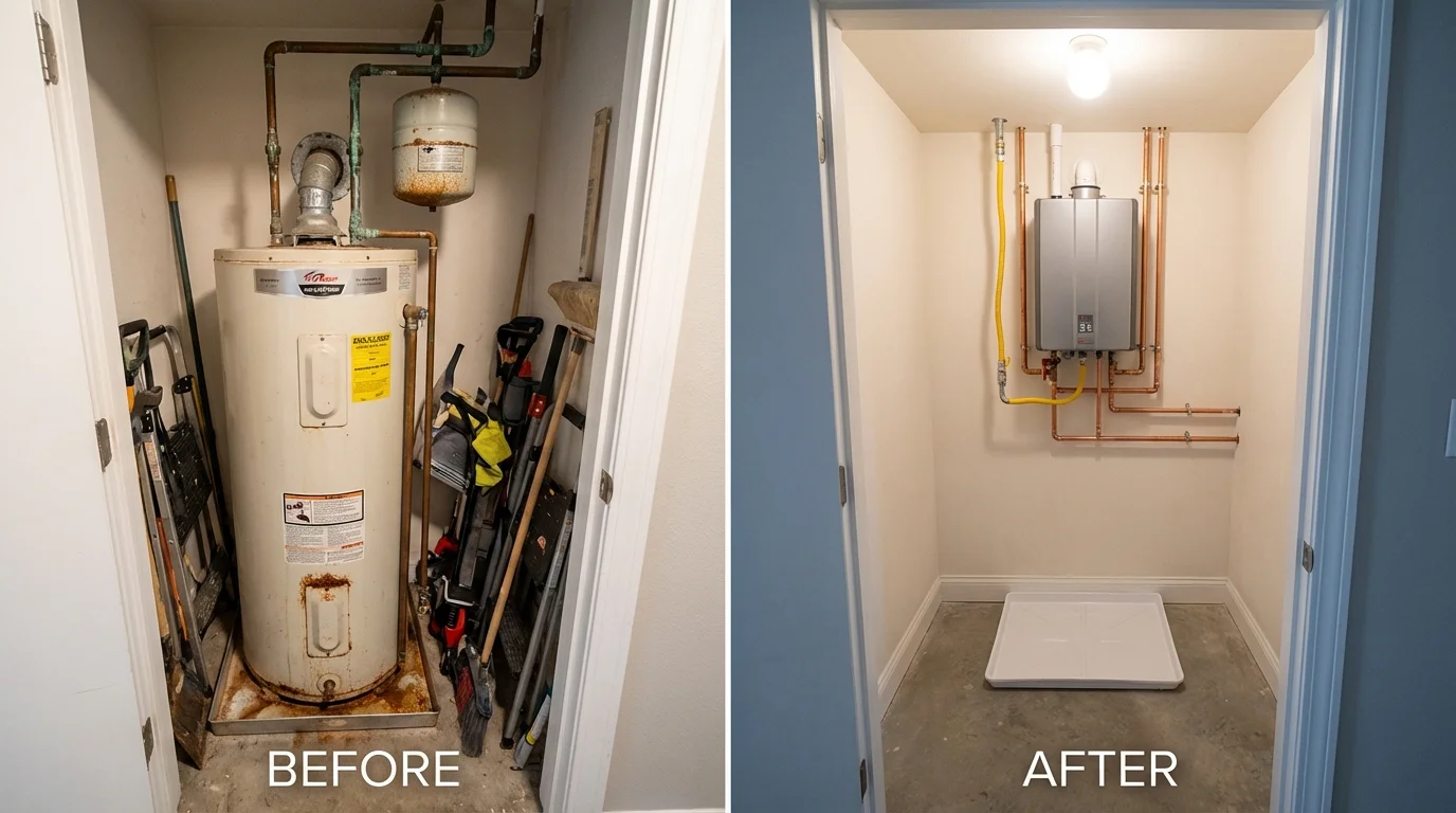 Tank water heater versus wall-mounted tankless unit comparison for Cade, LA homeowners
