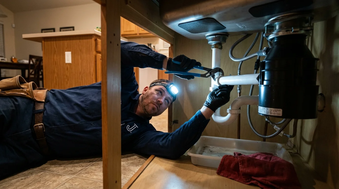 P-trap and supply line connections under a kitchen sink showing a common leak point in Cade, LA